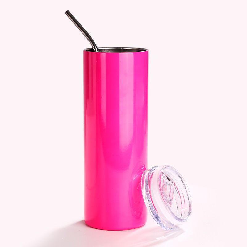 20oz/600ml  Stainless Steel Neon Travel Tumbler with Metal Straw &amp; Dust-Proof Slide Lid (Glossy Rose Red)
