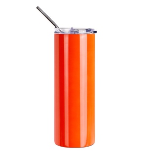 20oz/600ml  Stainless Steel Neon Travel Tumbler with Metal Straw & Dust-Proof Slide Lid (Glossy Orange Red)