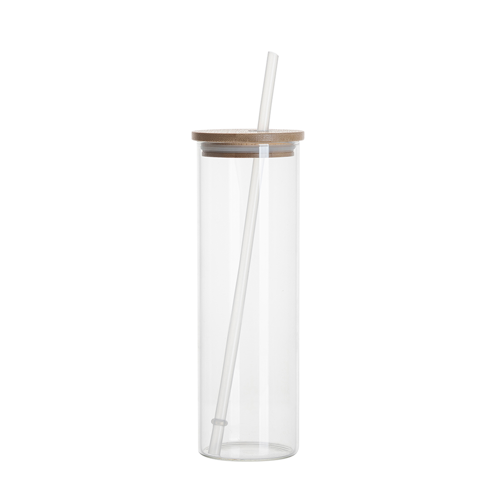 Clear Glass Tumblers With Bamboo Lids And Stainless Steel Straws