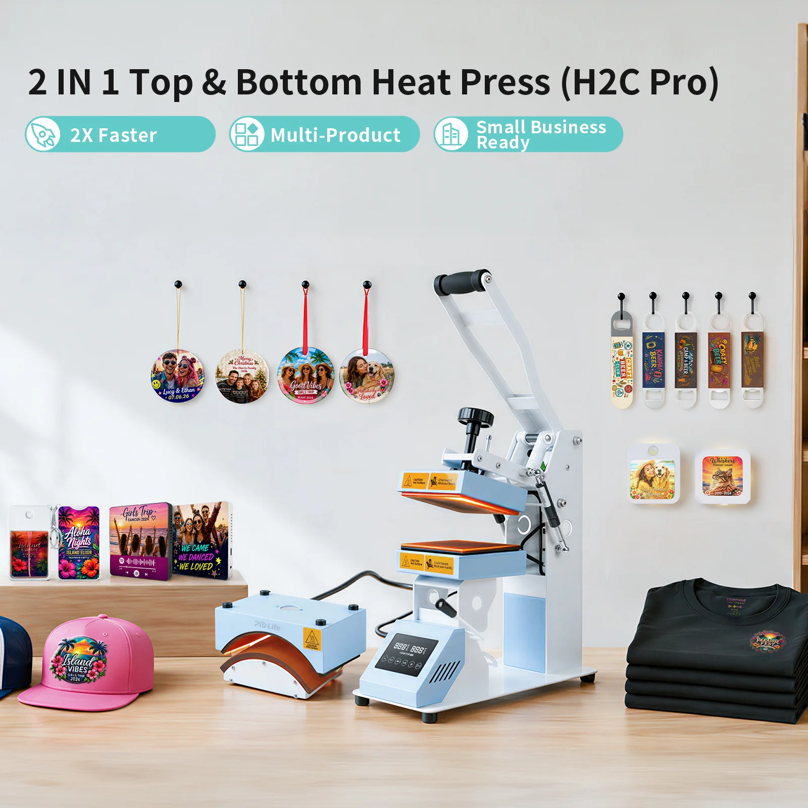 2 in 1 Heat Press Machine for Crafts (Dual Heating Flat 15x15cm + Cap Attachment)