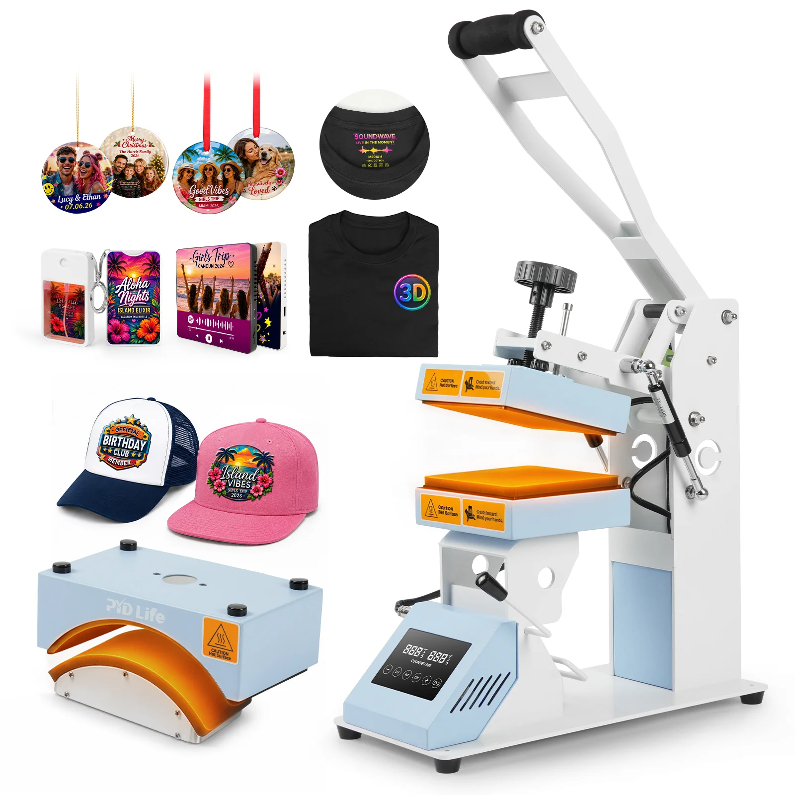 2 in 1 Heat Press Machine for Crafts (Dual Heating Flat 15x15cm + Cap Attachment)