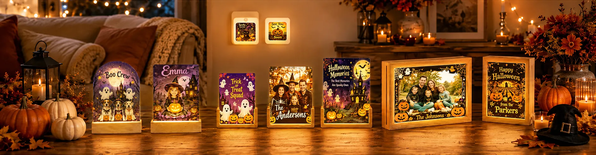 Halloween acrylic and glass night light collection with personalized seasonal designs