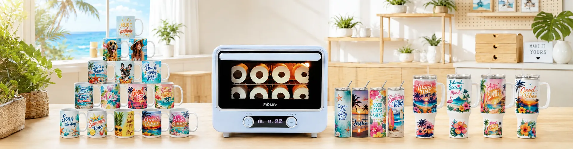PYD Life sublimation oven and customized mugs for small business production