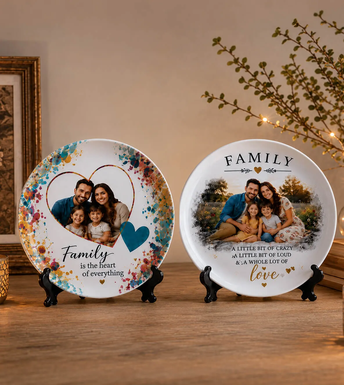 Personalized ceramic display plates printed with family photos and custom messages