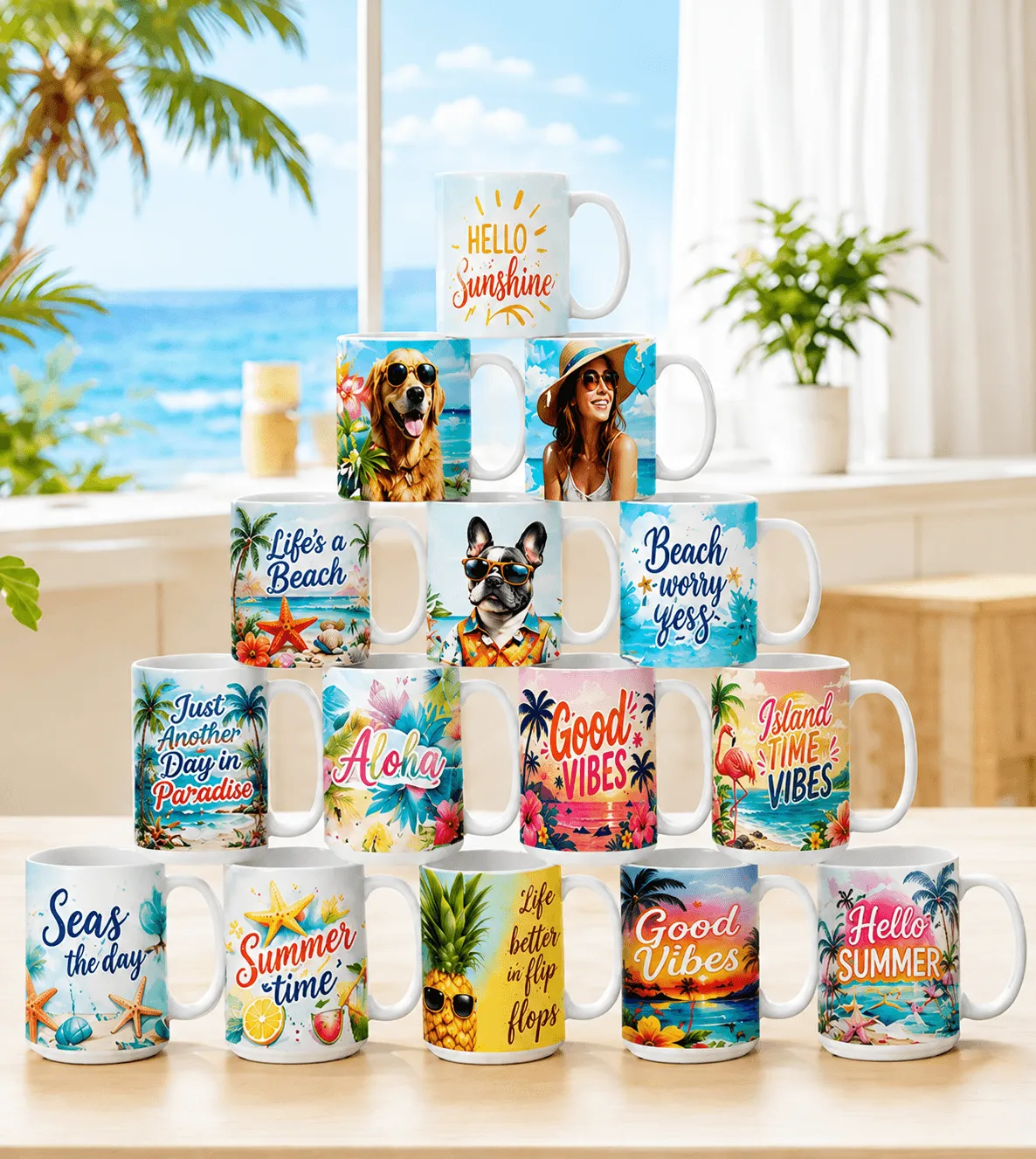 Colorful personalized ceramic mugs featuring tropical graphics, pets, photos, and custom text