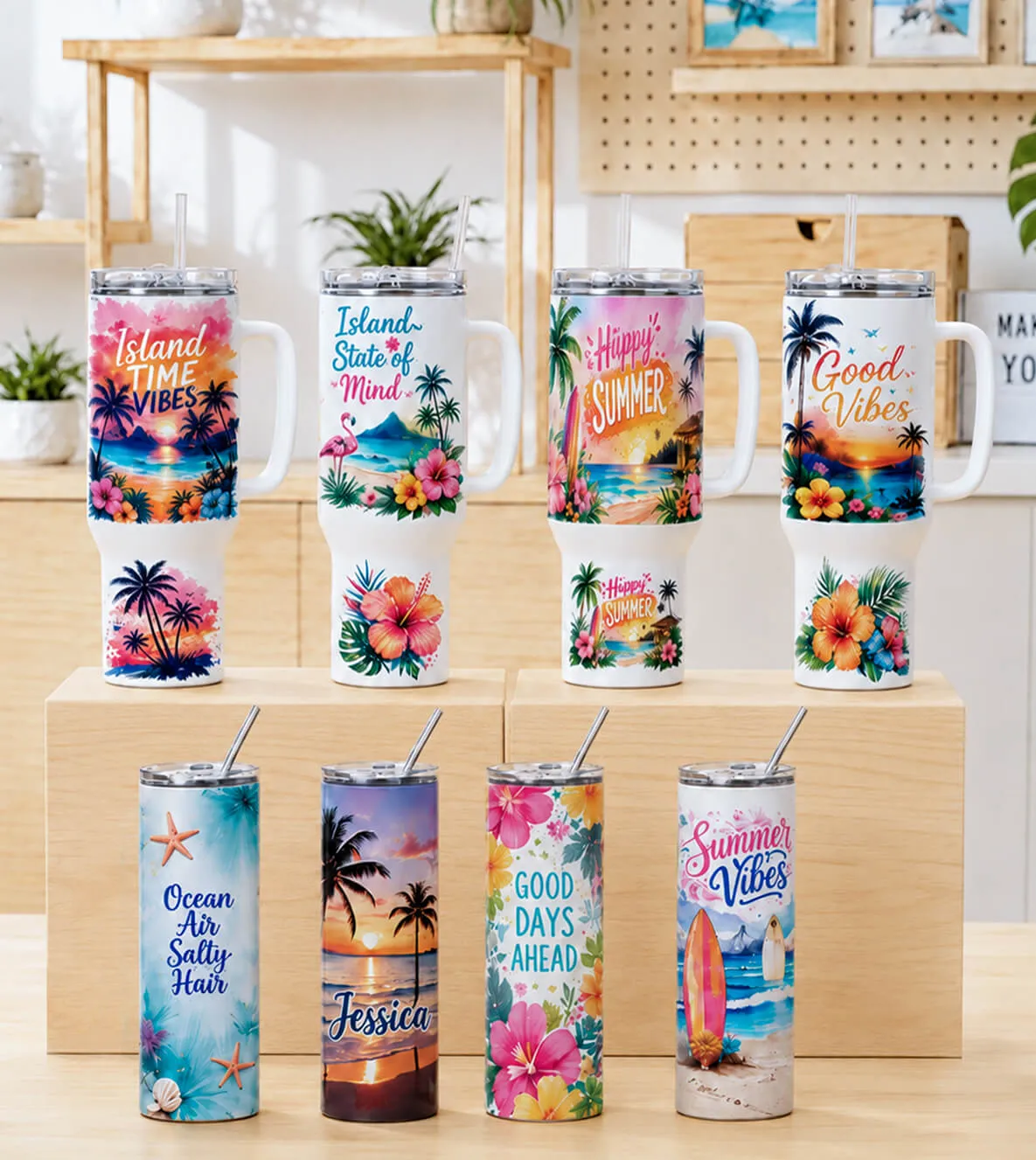 Personalized stainless steel tumblers and handled travel mugs with colorful tropical designs