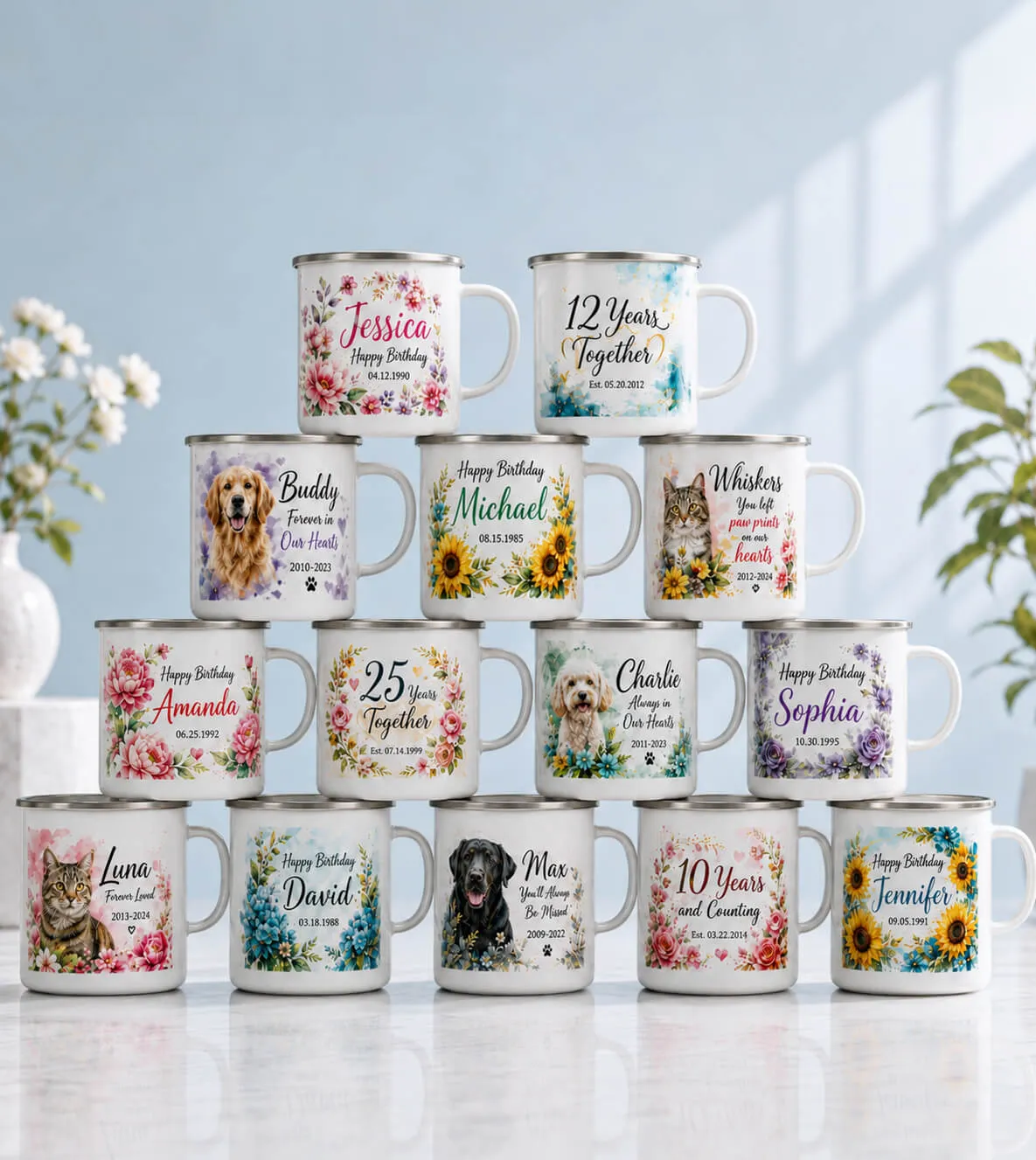 Personalized white enamel mugs printed with names, dates, flowers, pets, and anniversary messages