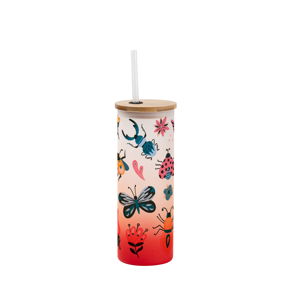 Frosted Glass Skinny Tumbler w/Straw &amp; Bamboo Lid(17oz/500ml,Sublimation Blank,Red)