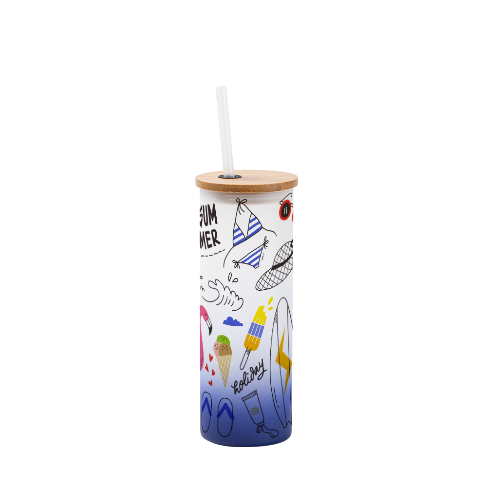 Frosted Glass Skinny Tumbler w/Straw &amp; Bamboo Lid(17oz/500ml,Sublimation Blank,Dark Blue)