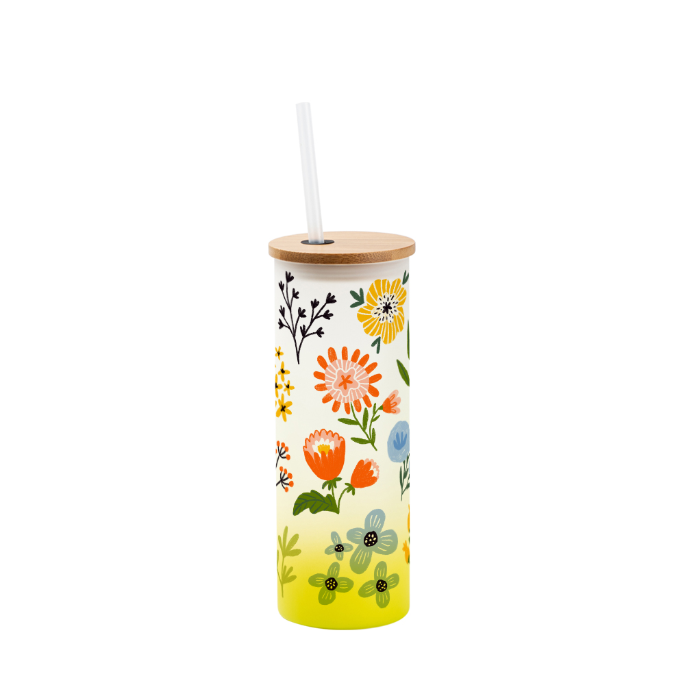 Frosted Glass Skinny Tumbler w/Straw &amp; Bamboo Lid(17oz/500ml,Sublimation Blank,Lemon yellow)