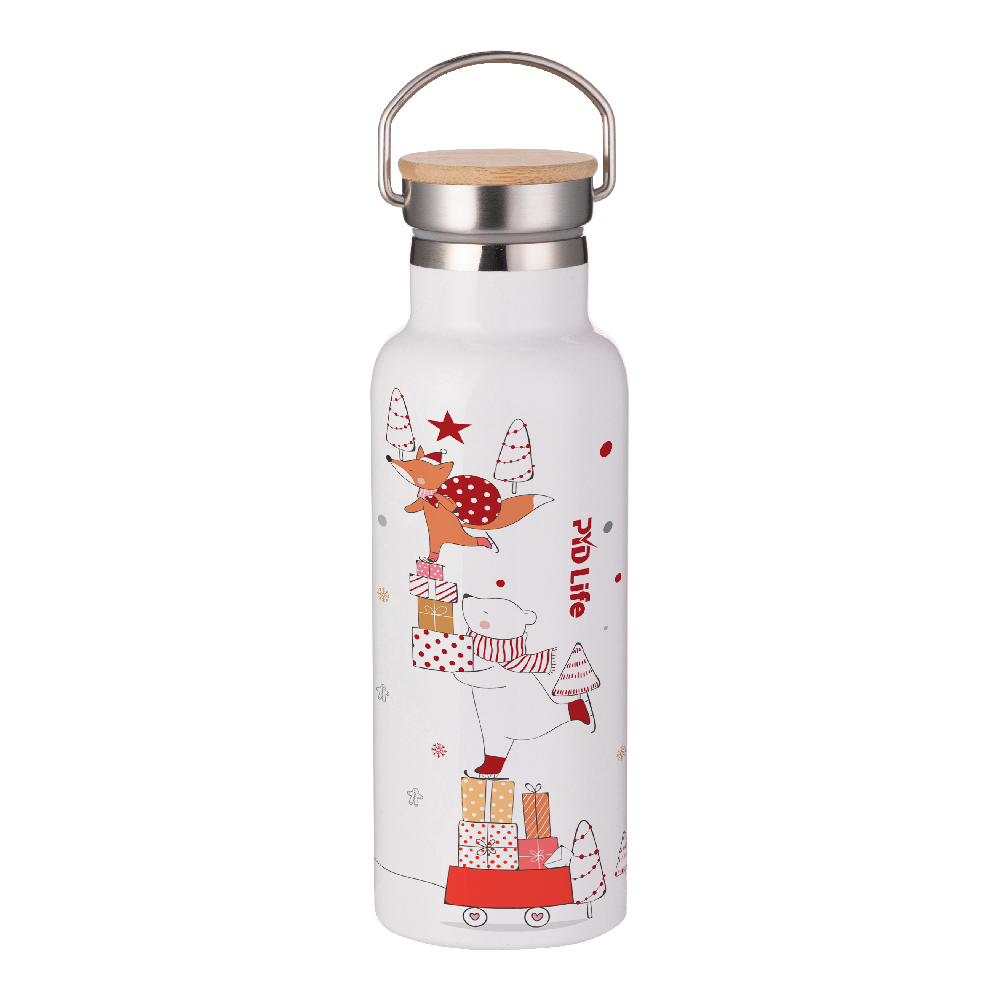 500ml/17oz Portable Bamboo Lid Stainless Steel Bottle(Other,Sublimation blank,White)