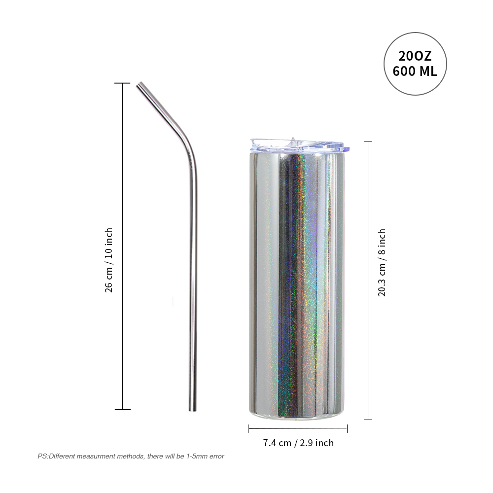20oz/600ml SS Metallic Plated Glitter Skinny Tumbler (Silver)