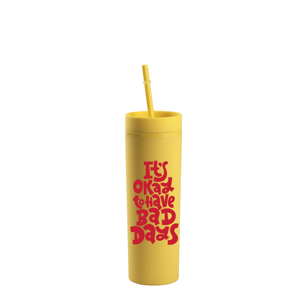 16OZ/473ml Double Wall Plastic Mug with Straw &amp; Lid (Yellow, Paint)