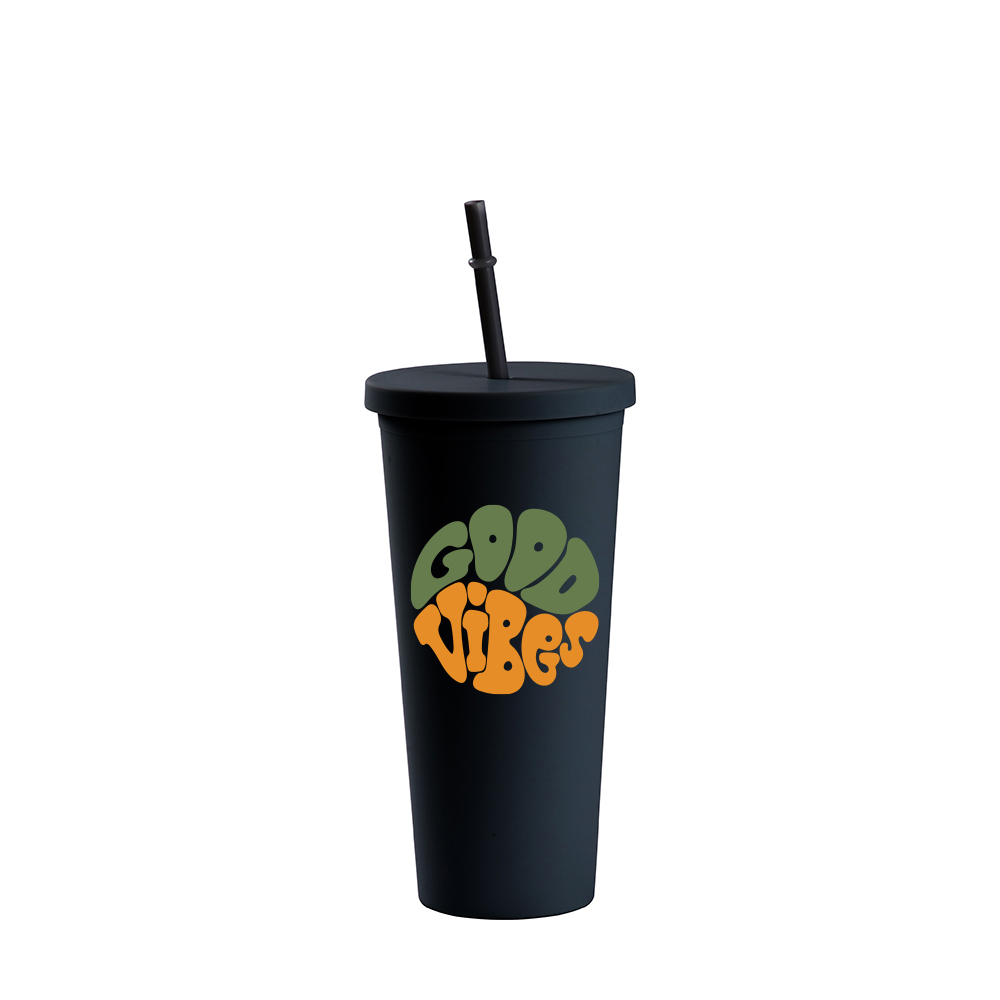 24OZ/700ml Double Wall Plastic Tumbler with Straw &amp; Lid (Black, Paint)
