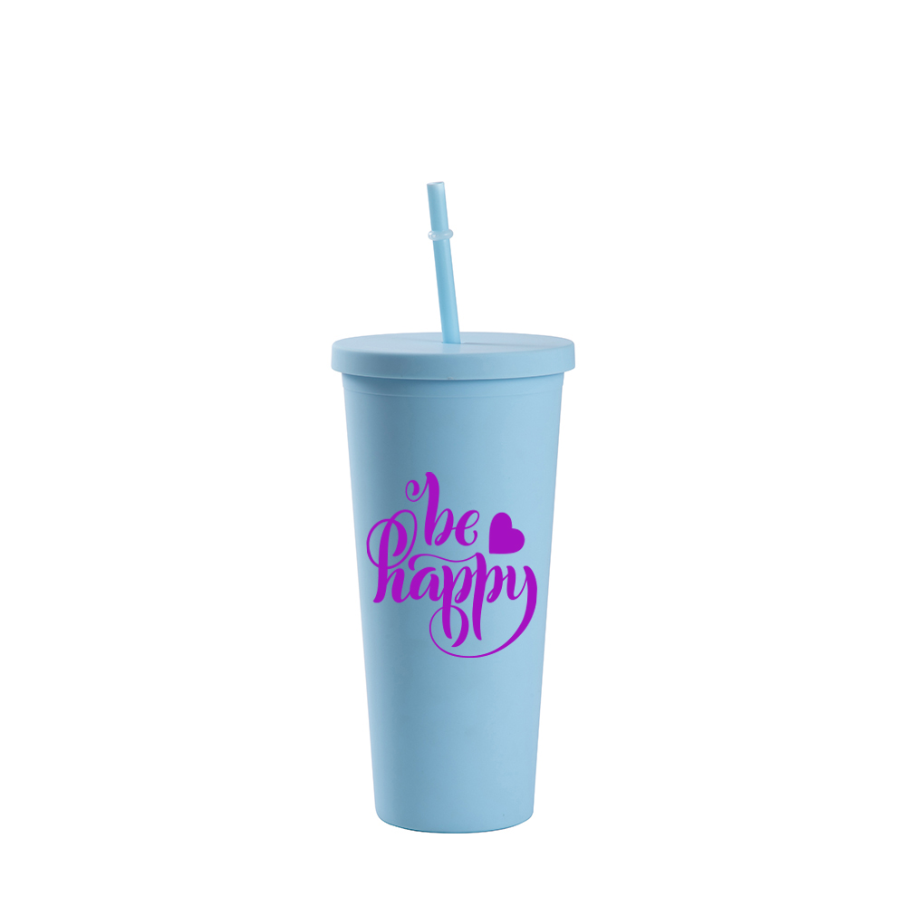 24OZ/700ml Double Wall Plastic Tumbler with Straw &amp; Lid (Light Blue, Paint)