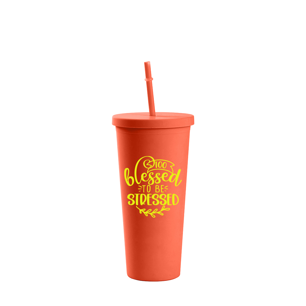 24OZ/700ml Double Wall Plastic Tumbler with Straw &amp; Lid (Coral Red, Paint)