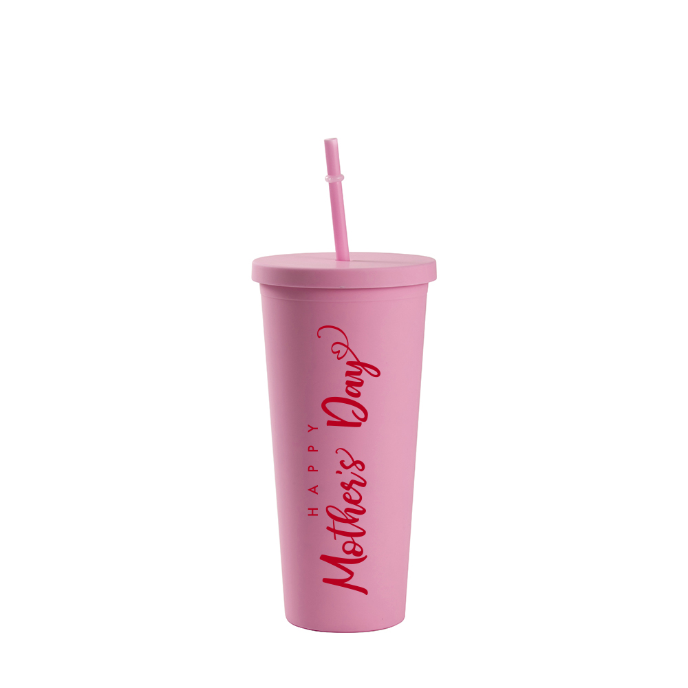 24OZ/700ml Double Wall Plastic Tumbler with Straw &amp; Lid (Pink, Paint)