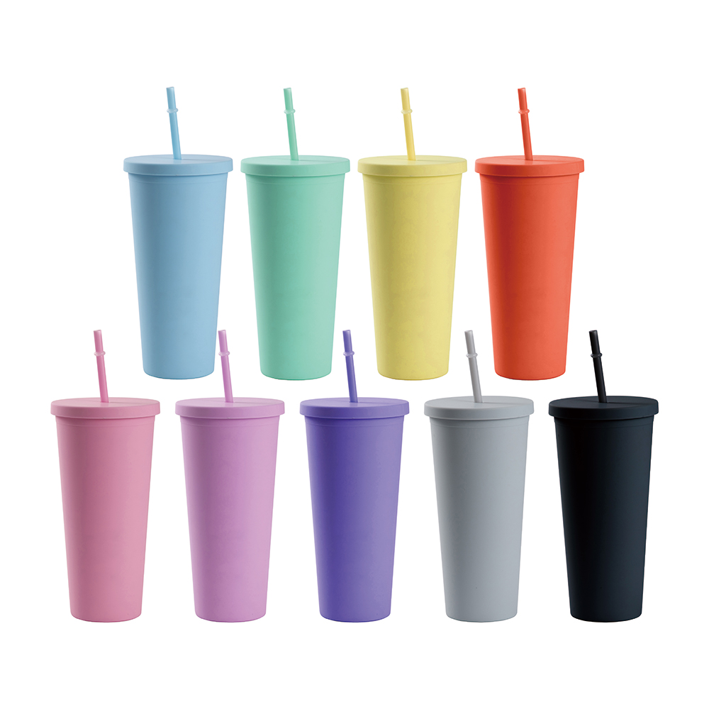24OZ/700ml Double Wall Plastic Tumbler with Straw &amp; Lid (Pink, Paint)