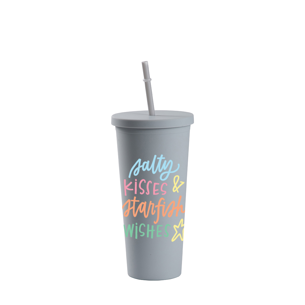 24OZ/700ml Double Wall Plastic Tumbler with Straw &amp; Lid (Light Gray, Paint)