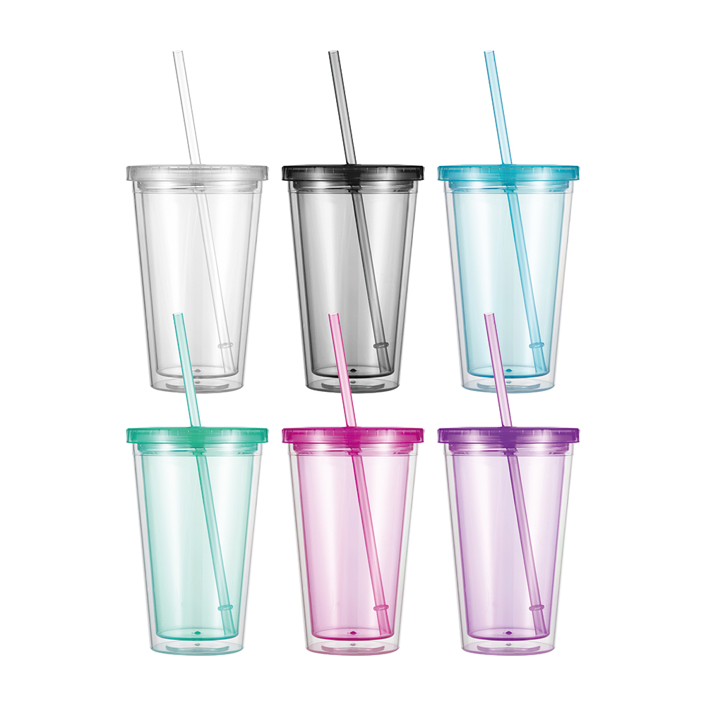 16OZ/473ml Double Wall Clear Plastic Tumbler with Straw &amp; Lid (Clear)