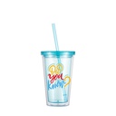16OZ/473ml Double Wall Clear Plastic Tumbler with Straw &amp; Lid (Light Blue)