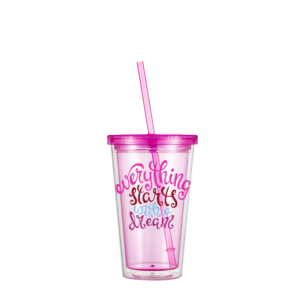 16OZ/473ml Double Wall Clear Plastic Tumbler with Straw &amp; Lid (Rose Red)