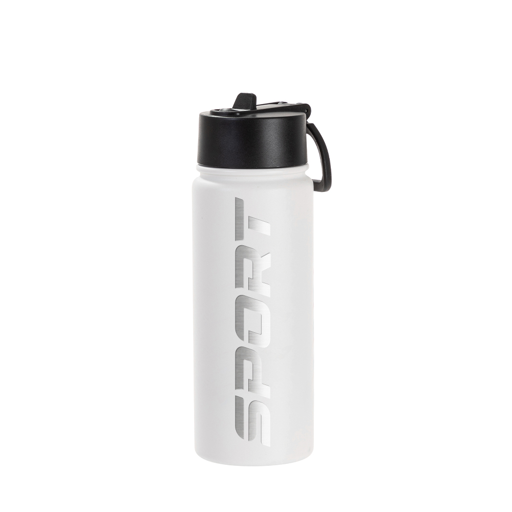 18oz/550ml Stainless Steel Water Bottle w/ Wide Mouth Straw Lid &amp; Rotating Handle (Powder Coated, White)