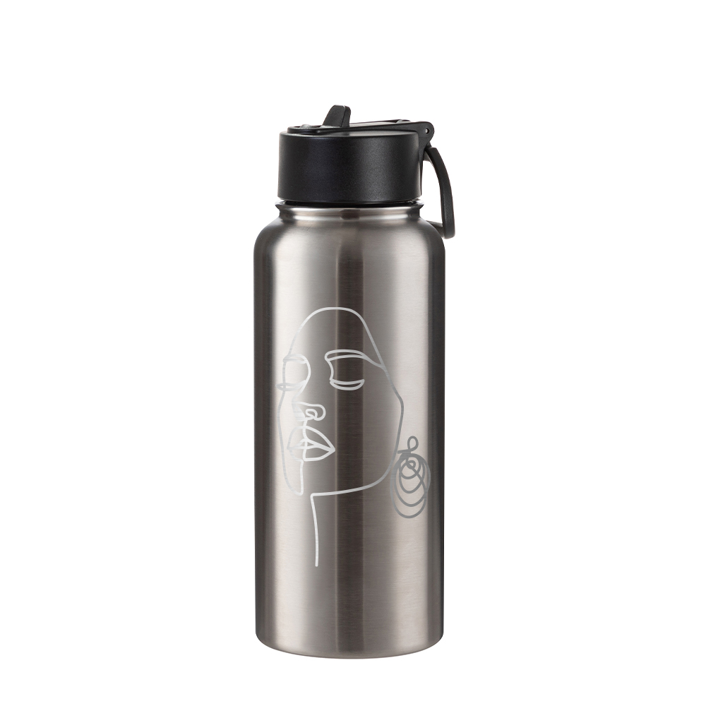 32oz/950ml Stainless Steel Flask with Wide Mouth Straw Lid &amp; Rotating Handle (Plain, Stainless steel)