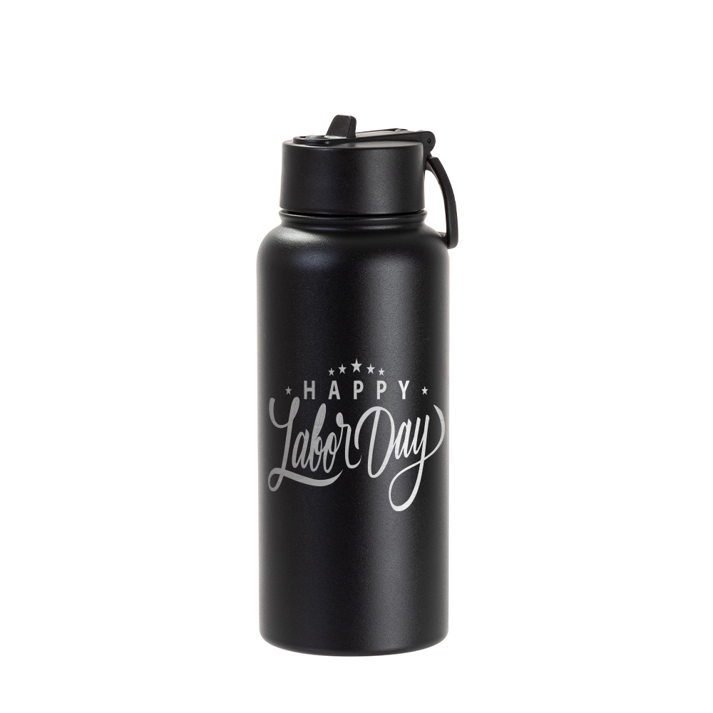 32oz/950ml Stainless Steel Flask with Wide Mouth Straw Lid &amp; Rotating Handle (Powder Coated, Black)