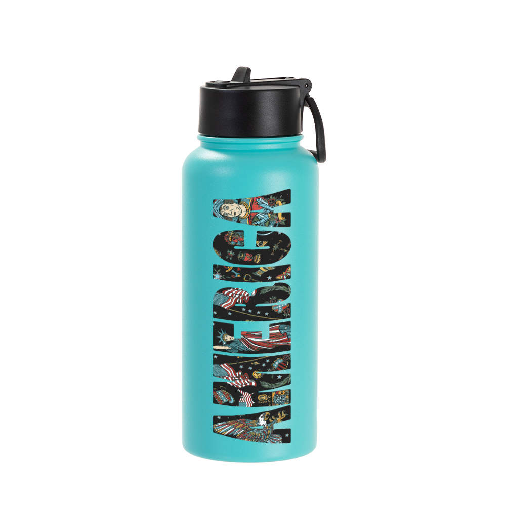 32oz/950ml Stainless Steel Flask with Wide Mouth Straw Lid &amp; Rotating Handle (Powder Coated, Mint Green)