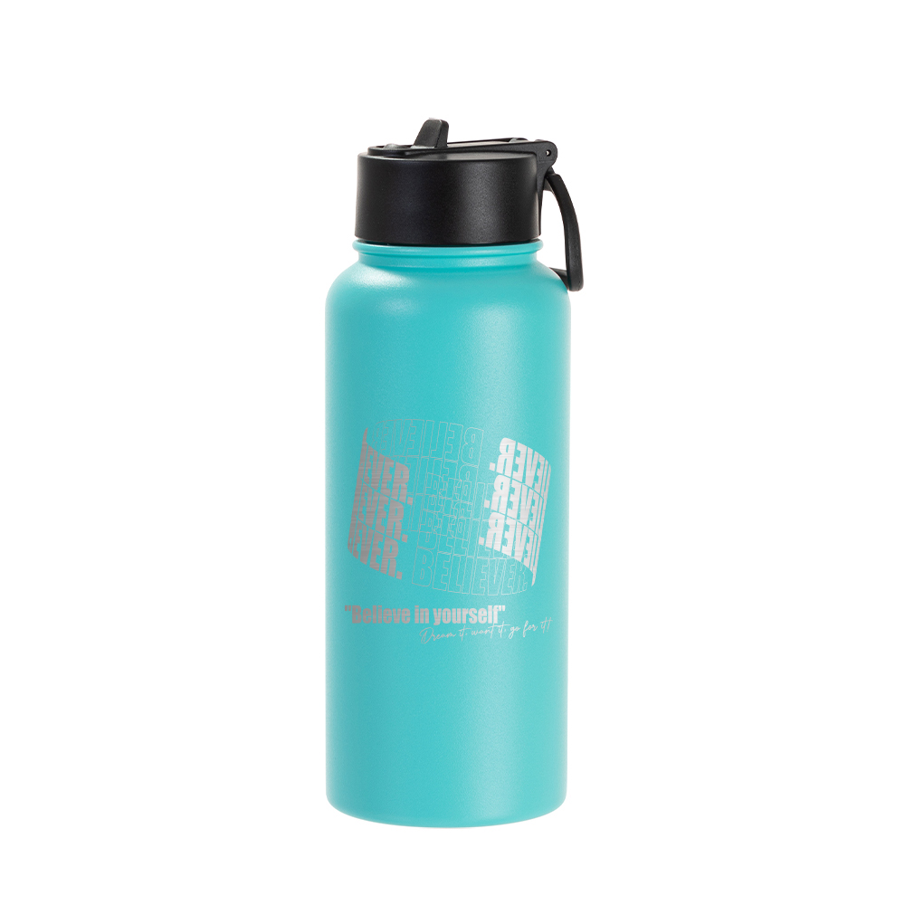 32oz/950ml Stainless Steel Flask with Wide Mouth Straw Lid &amp; Rotating Handle (Powder Coated, Mint Green)
