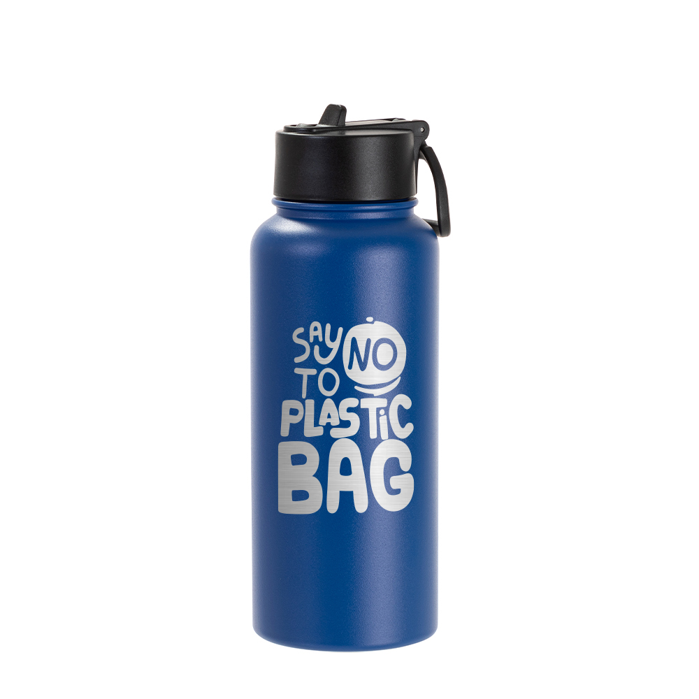 32oz/950ml Stainless Steel Flask with Wide Mouth Straw Lid &amp; Rotating Handle (Powder Coated, Dark Blue)