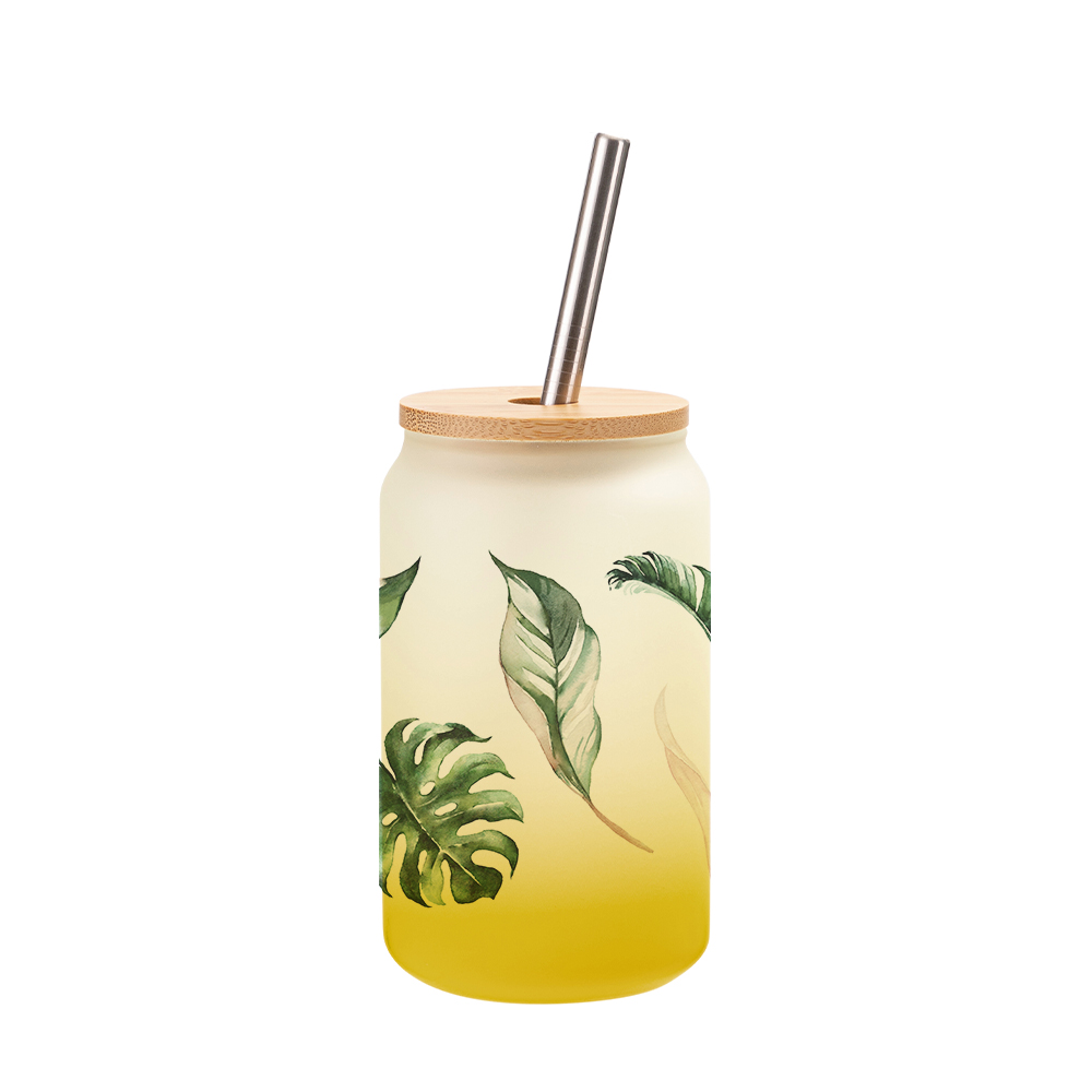 13oz/400ml Glass Mugs Gradient Yellow with Bamboo lid &amp; Metal Straw