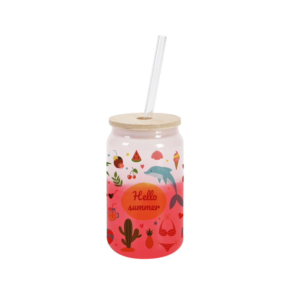 13oz/400ml Cold Color Change Glass Can with Bamboo Lid (Red)