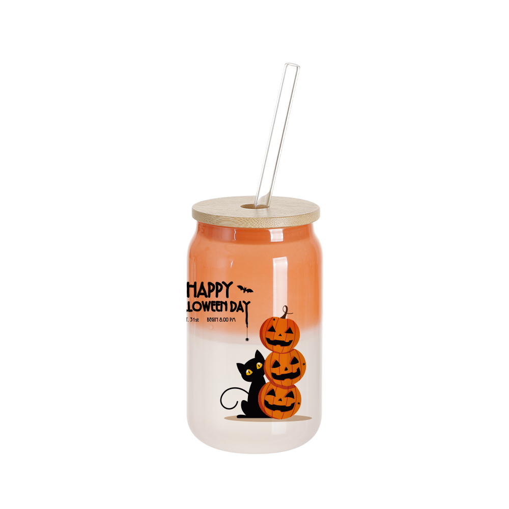 13oz/400ml Thermal Color Change Glass Can with Bamboo Lid (Orange)