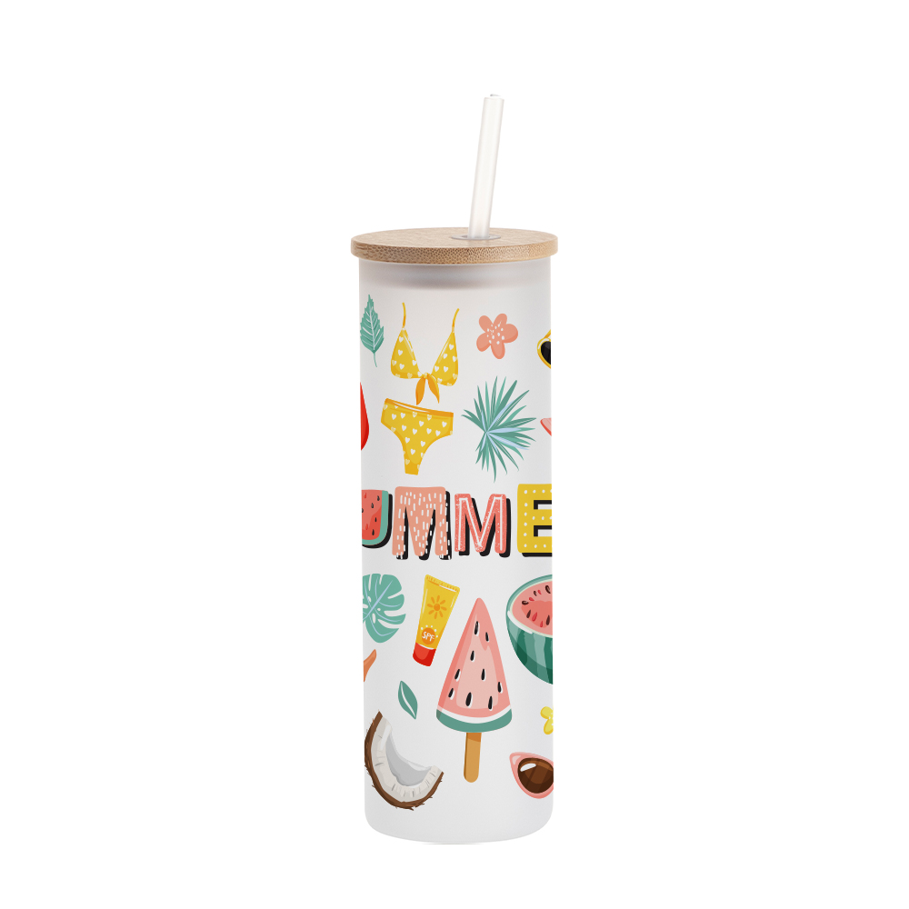 600ml Glass Skinny Tumbler w/Straw &amp; Bamboo Lid(Frosted)
