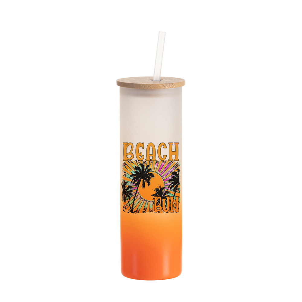 20oz/600ml Glass Skinny Tumbler w/Straw &amp; Bamboo Lid(Frosted, Gradient Orange)