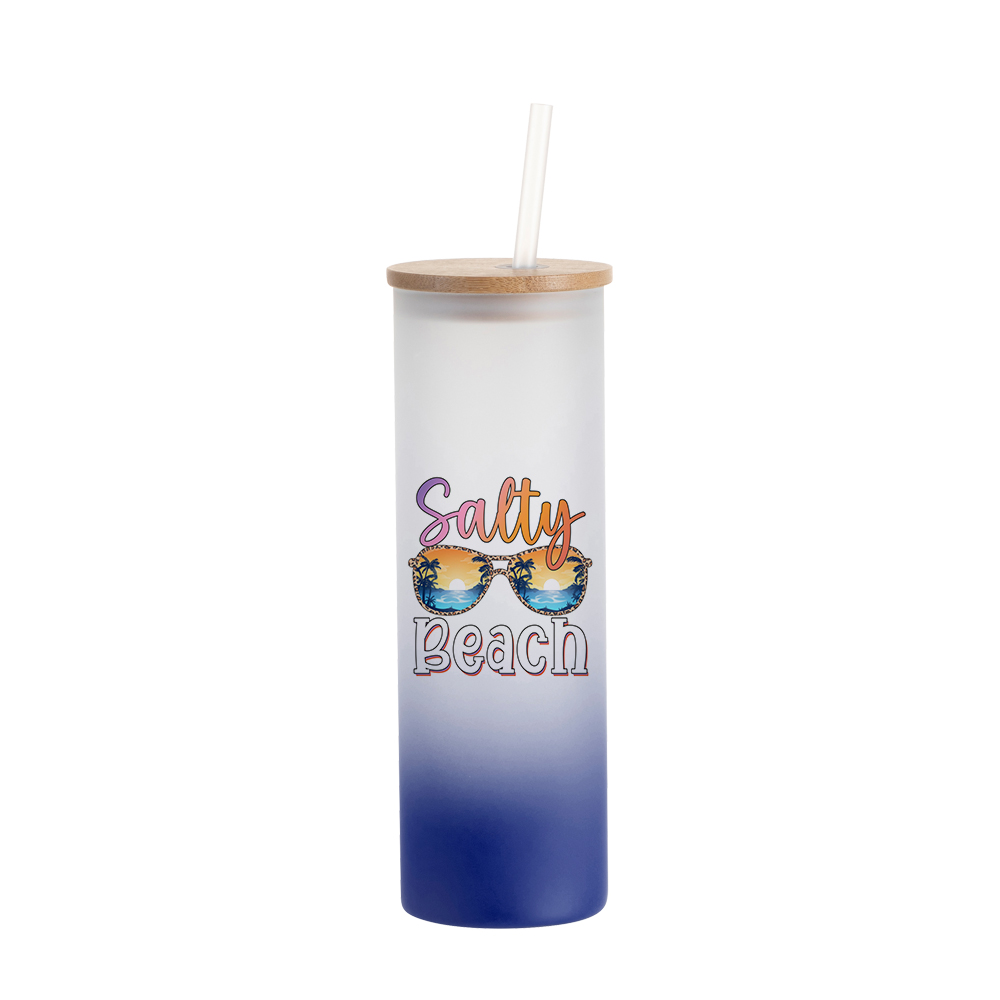 20oz/600ml Glass Skinny Tumbler w/Straw &amp; Bamboo Lid(Frosted, Gradient Dark Blue)