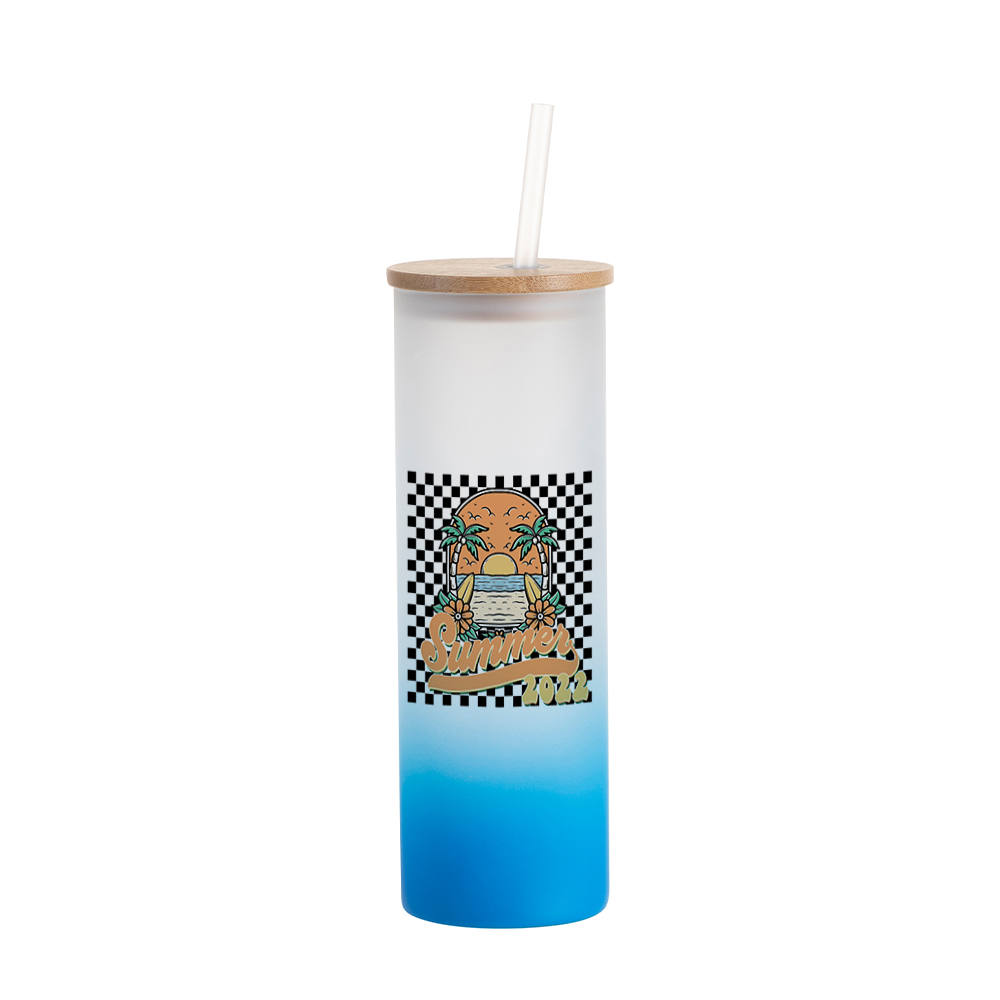 20oz/600ml Glass Skinny Tumbler w/Straw &amp; Bamboo Lid(Frosted, Gradient Light Blue)