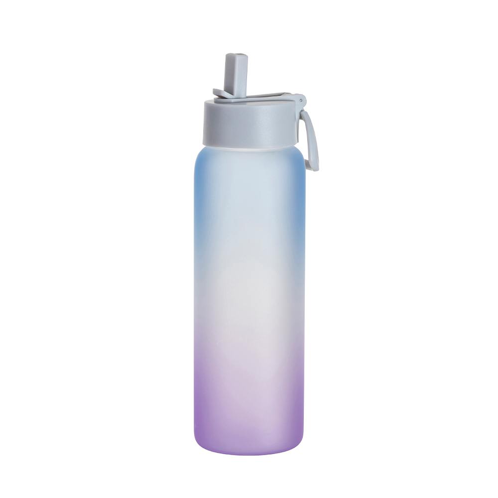 25oz/750ml Frosted Glass Sports Bottle w/ Grey Straw Lid (Gradient Color Blue &amp; Purple)