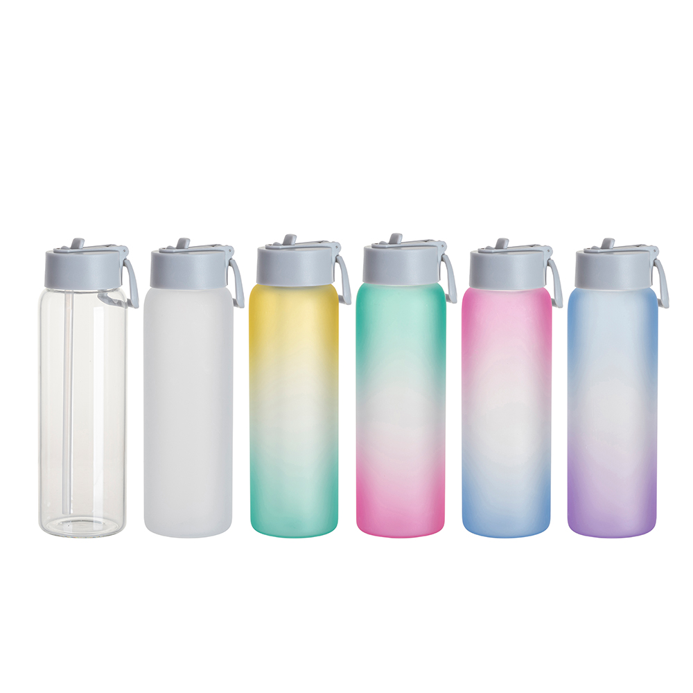 25oz/750ml Frosted Glass Sports Bottle w/ Blue Straw Lid (Gradient Color Yellow &amp; Green)