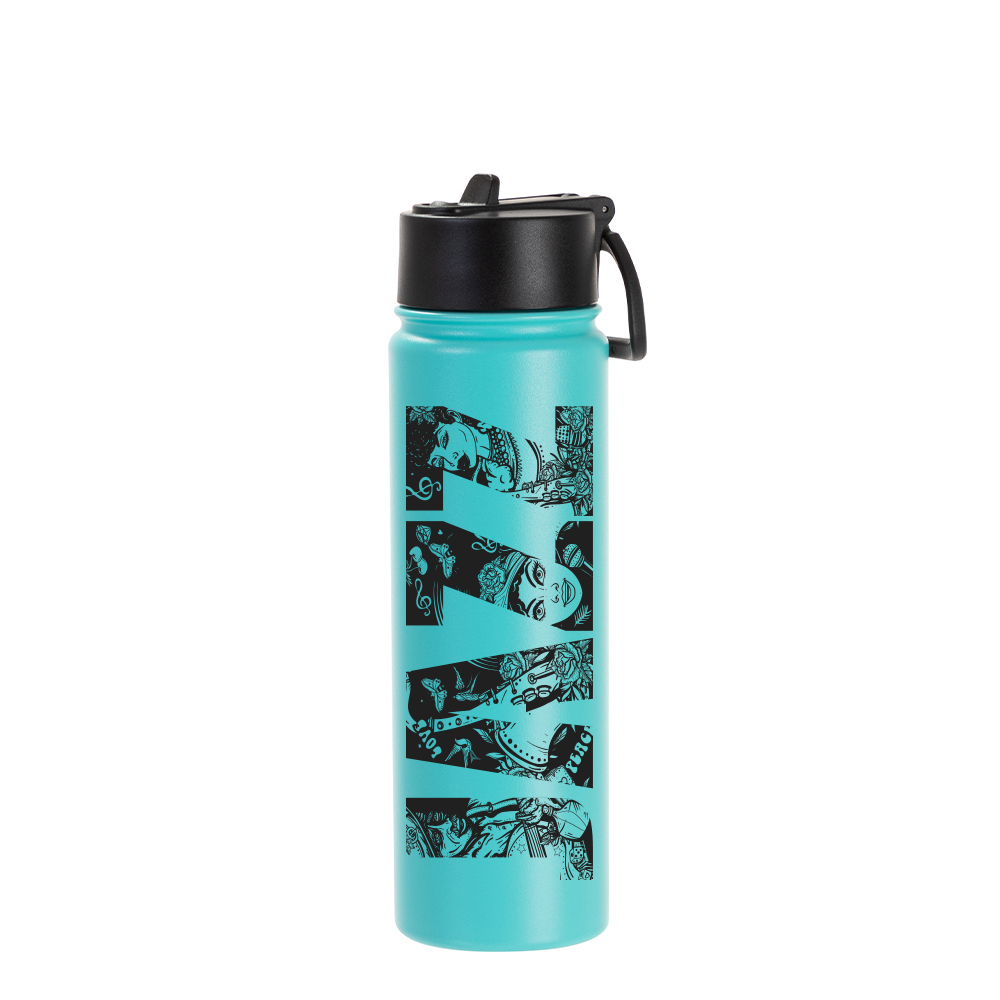 22oz/650ml Stainless Steel Flask with Wide Mouth Straw Lid &amp; Rotating Handle (Powder Coated, Mint Green)