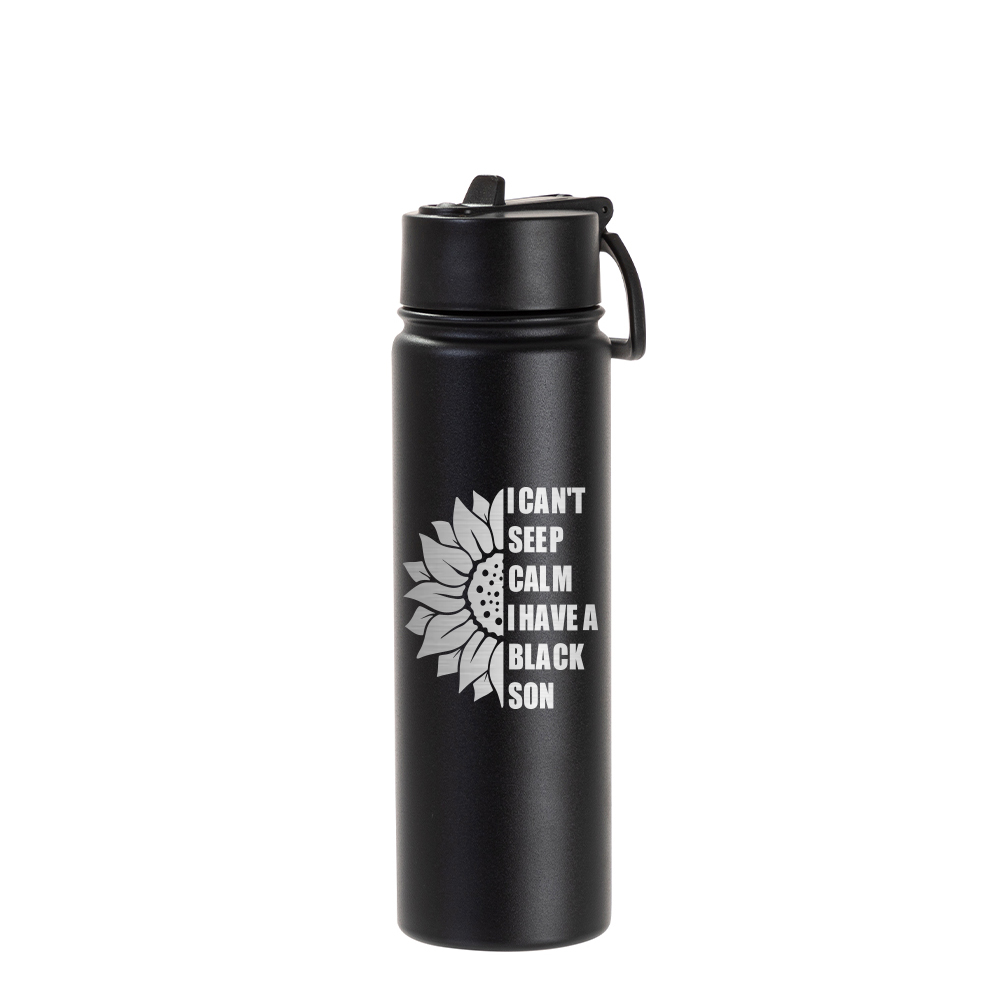 22oz/650ml Stainless Steel Flask with Wide Mouth Straw Lid &amp; Rotating Handle (Powder Coated, Black)