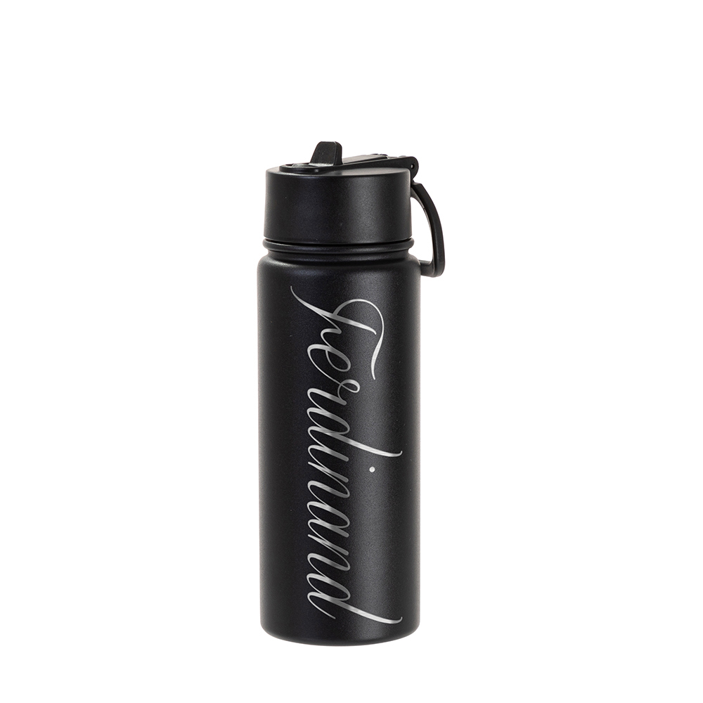 18oz/550ml Stainless Steel Water Bottle w/ Wide Mouth Straw Lid &amp; Rotating Handle (Powder Coated, Black)