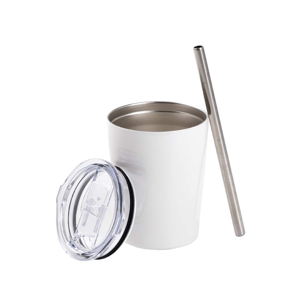 8oz/240ml Stainless Steel Tumbler with Slide lid and Metal Straw (White)