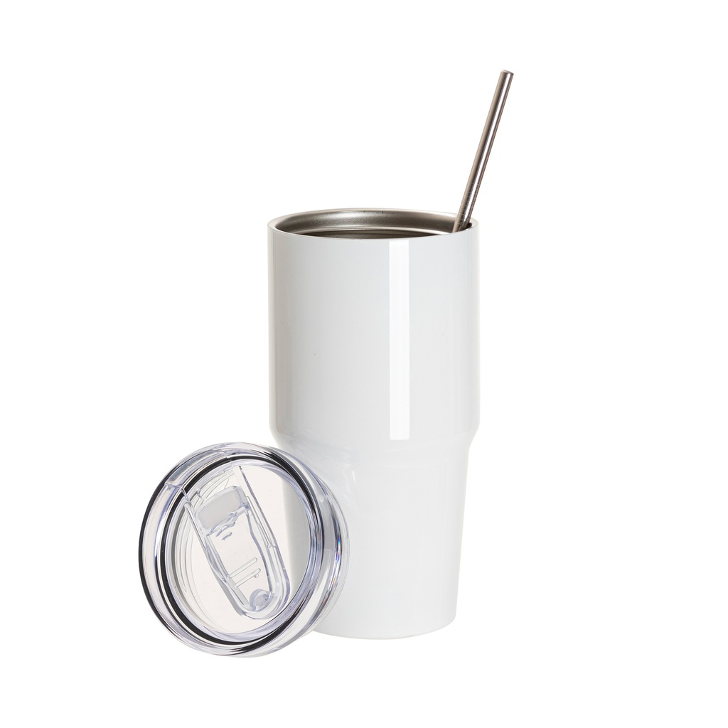 20OZ/600ml Stainless Steel Travel Tumblers With Metal Straw And Screw Top (White)