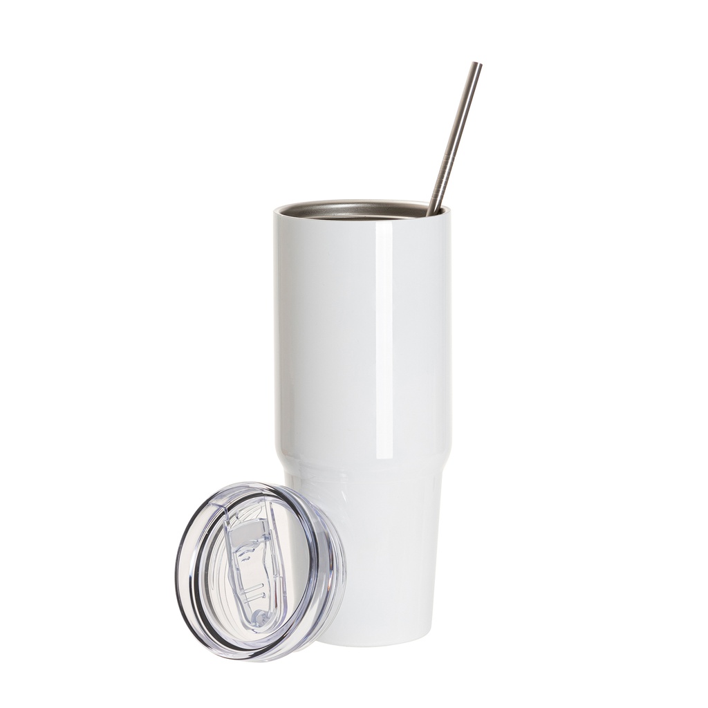 30OZ/900ml Stainless Steel Travel Tumblers With Metal Straw And Screw Top (White)