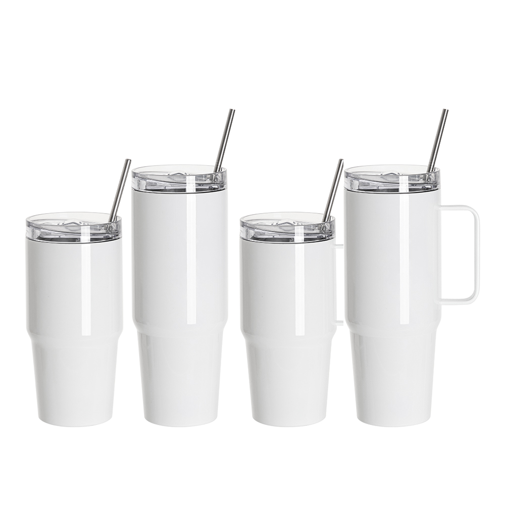 20oz/600ml Stainless Steel Travel Tumbler With Handle, Metal Straw And Screw Top (White)