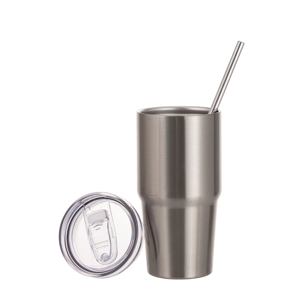 20OZ/600ml Stainless Steel Travel Tumblers With Metal Straw And Screw Top (Silver)