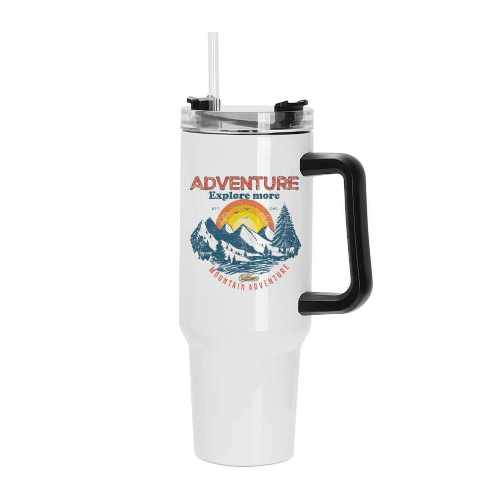40oz/1200ml Stainless Steel White Travel Tumbler with swivel lid and plastic straw(Black Handle)